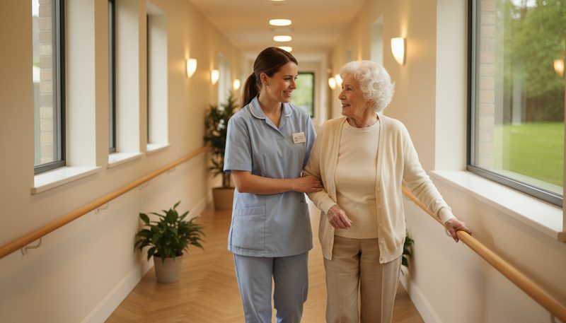 Aide-soignante accompagnant une résidente en EHPAD