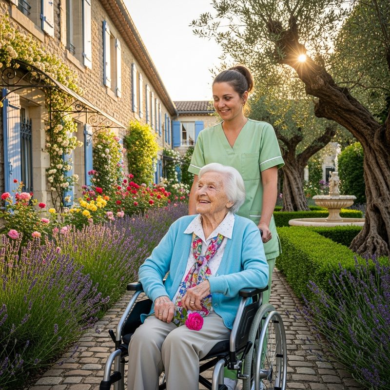 Résidente profitant du jardin de l'EHPAD accompagnée d'une soignante