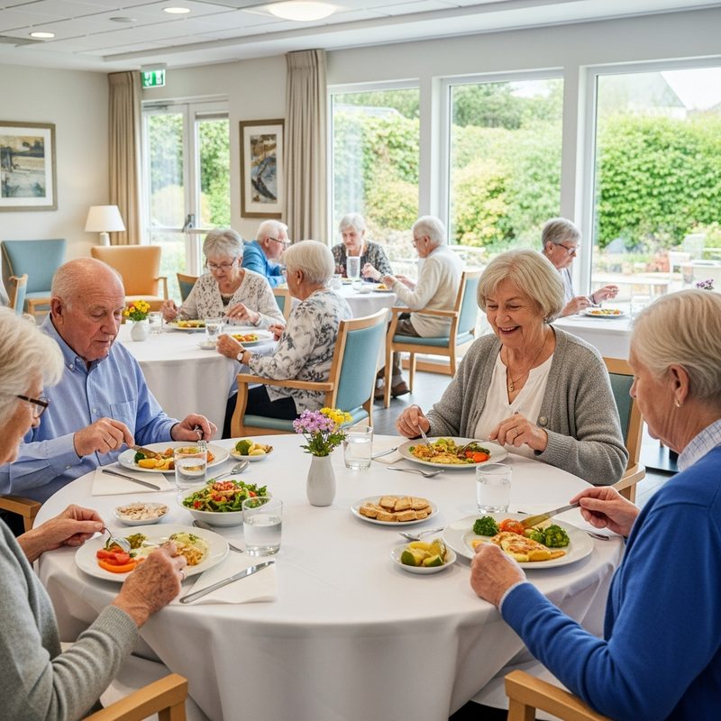 Repas convivial dans la salle à manger d'un EHPAD