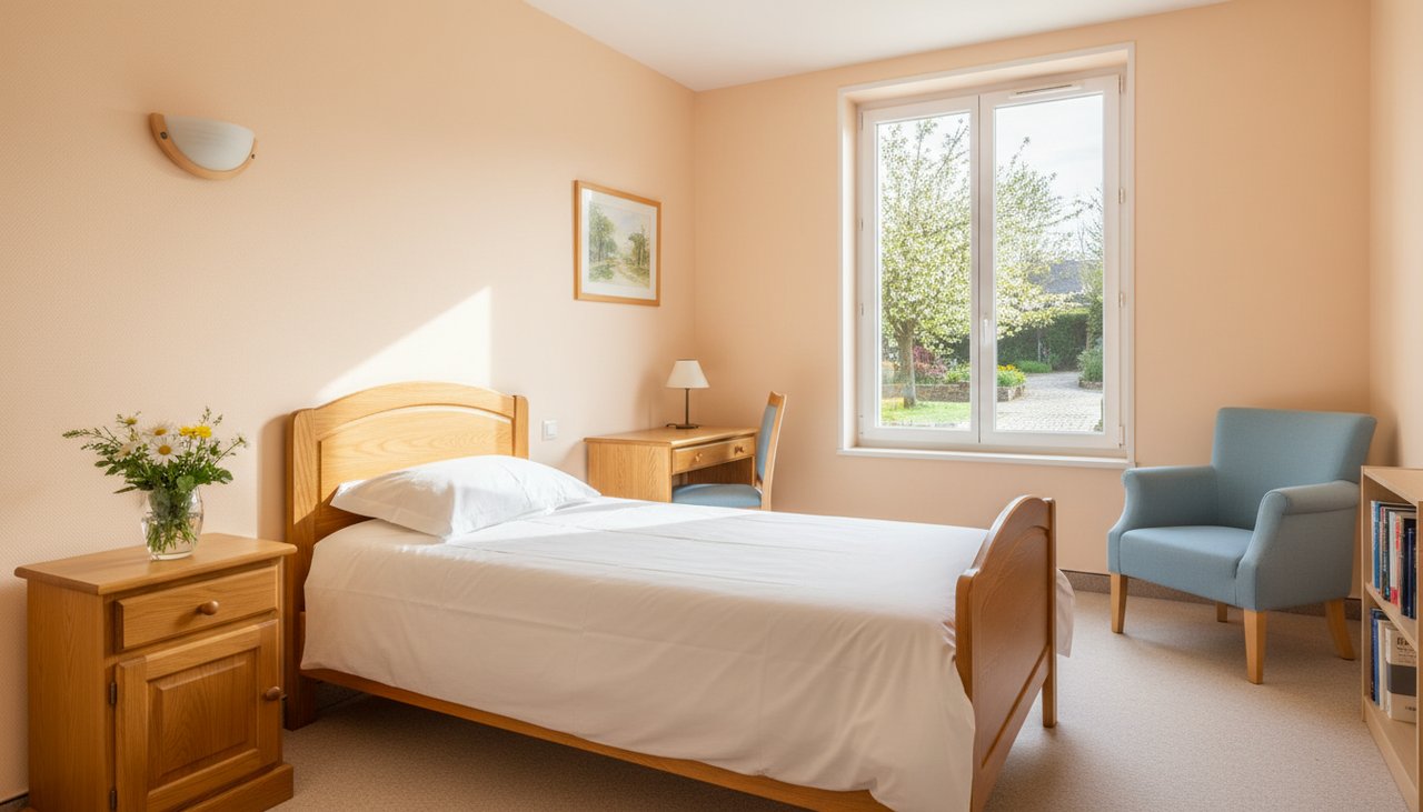 Chambre accueillante en EHPAD pour hébergement temporaire avec lit simple et lumière naturelle