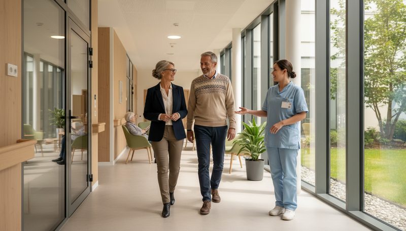 Visite d un EHPAD par une famille pour choisir le bon établissement