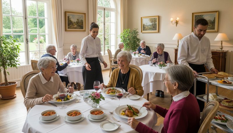Salle à manger conviviale en EHPAD avec repas de qualité