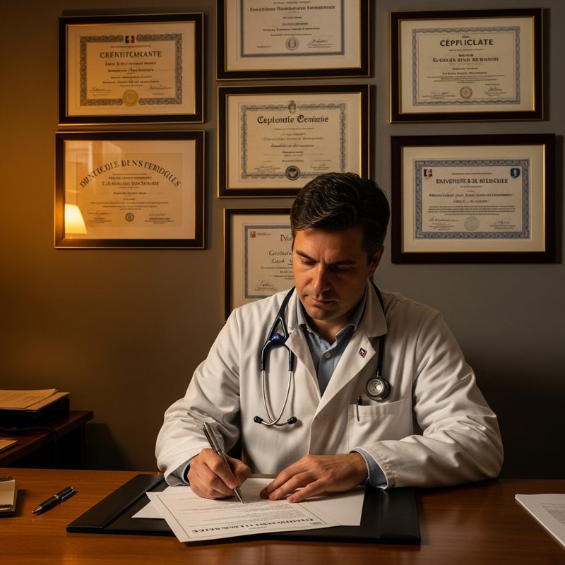 Médecin traitant rédigeant le certificat médical pour l'admission en EHPAD