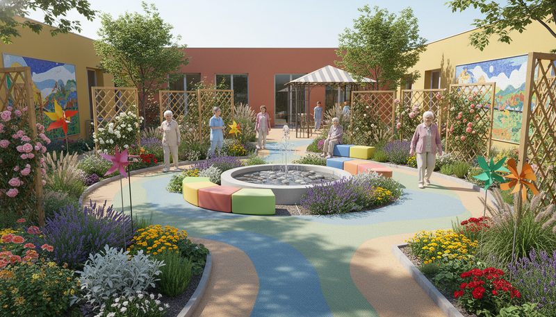 Jardin thérapeutique sécurisé pour résidents Alzheimer en EHPAD