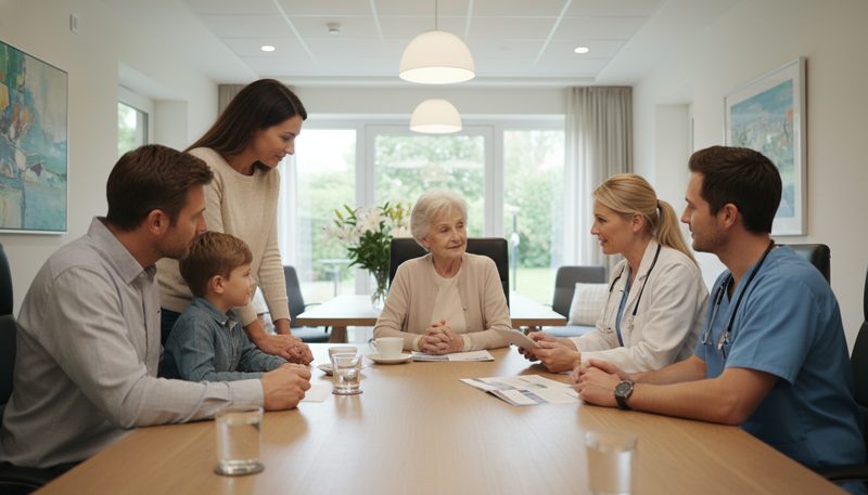 Réunion famille et équipe soignante pour le projet de soins Alzheimer
