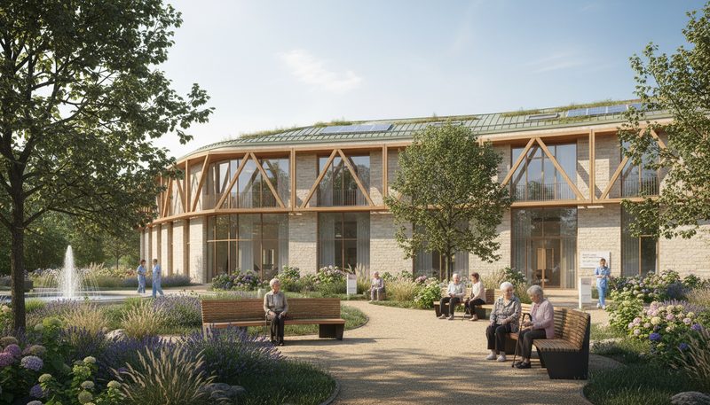EHPAD moderne en France avec jardin et résidents