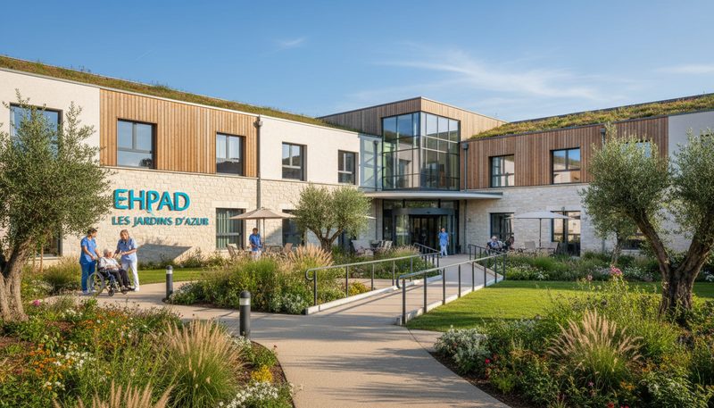 Façade extérieure d un EHPAD moderne avec jardins aménagés