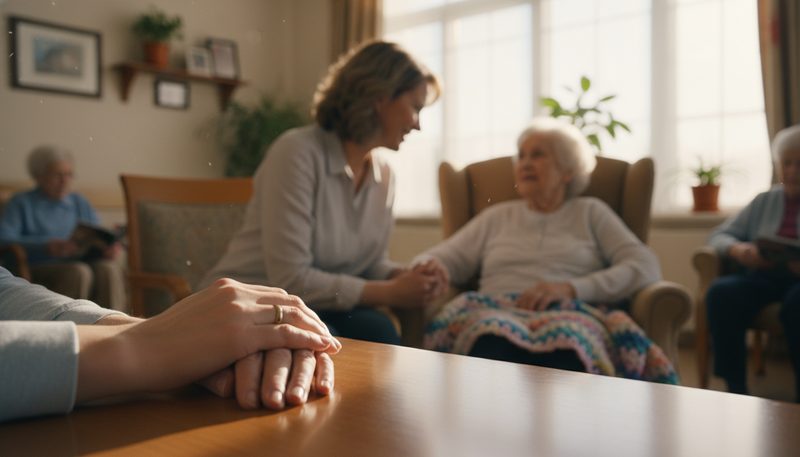Famille visitant un proche en EHPAD pour détecter la maltraitance