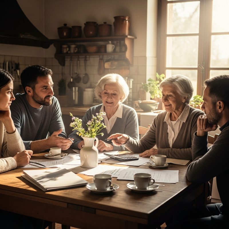 Famille discutant de l'obligation alimentaire pour financer l'EHPAD
