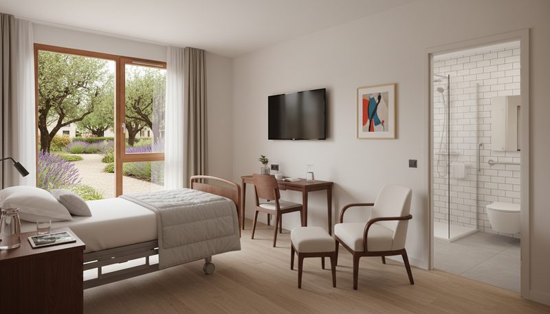 Chambre individuelle en EHPAD avec équipements modernes et salle de bain privée