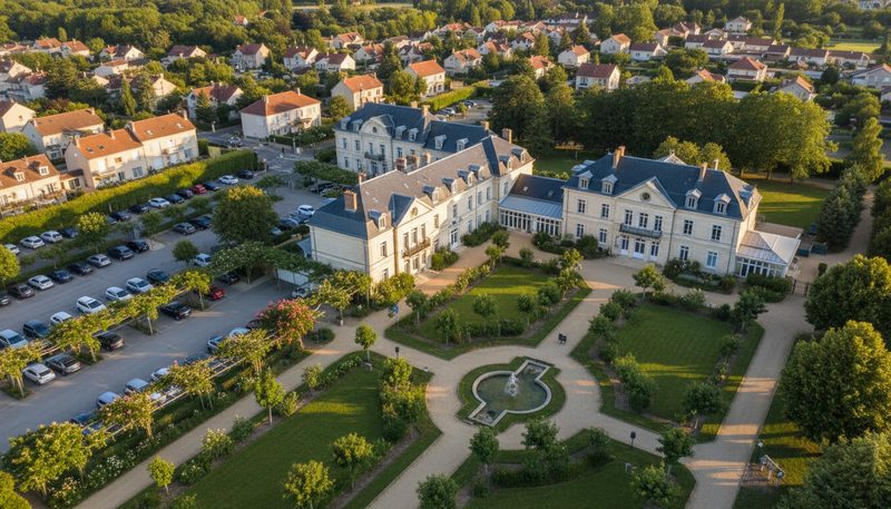 Vue aérienne d un complexe EHPAD en France avec jardins et espaces verts