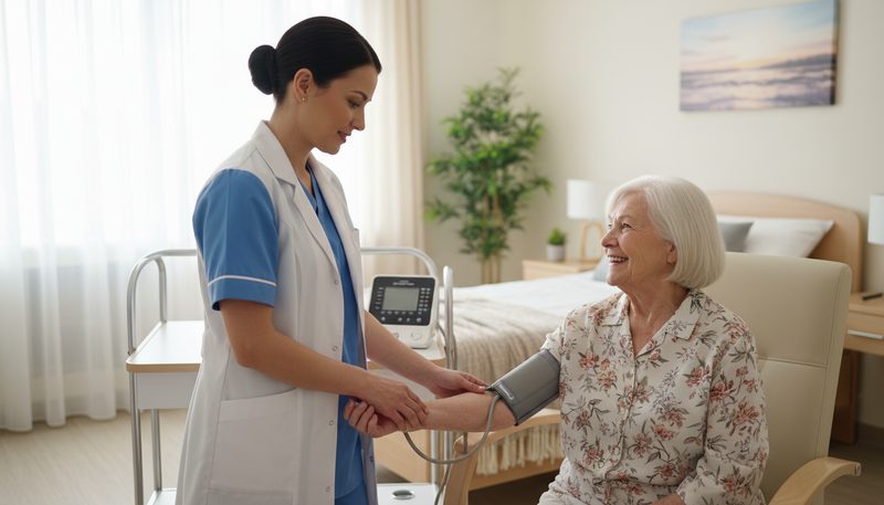 Infirmière prenant la tension d'une résidente en maison de retraite médicalisée