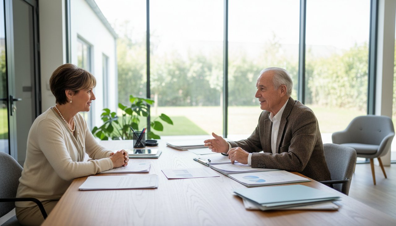 Couple âgé consultant un conseiller social sur les aides APA EHPAD 2026
