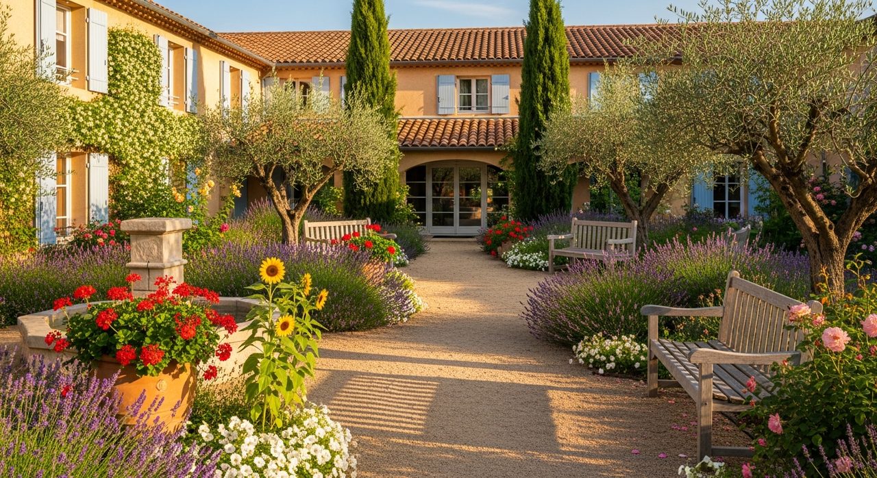 EHPAD Héliotrope Hyères - illustration jardin résidentiel Image d'illustration : jardin résidentiel d'un EHPAD dans le sud de la France, contexte visuel de l'EHPAD Héliotrope à Hyères