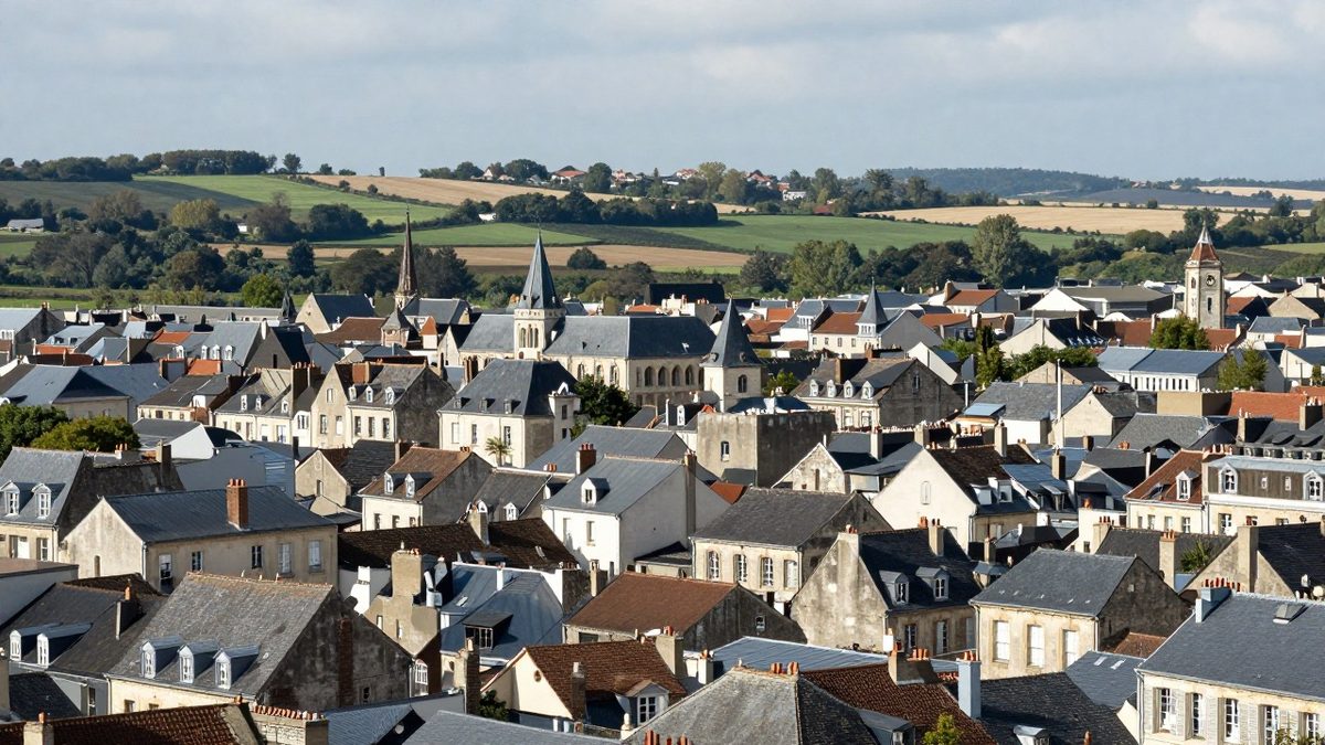 Illustration : une vue de toits et de campagne bocagère