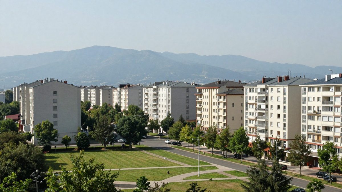 Illustration : un quartier résidentiel calme avec pelouses et arbres