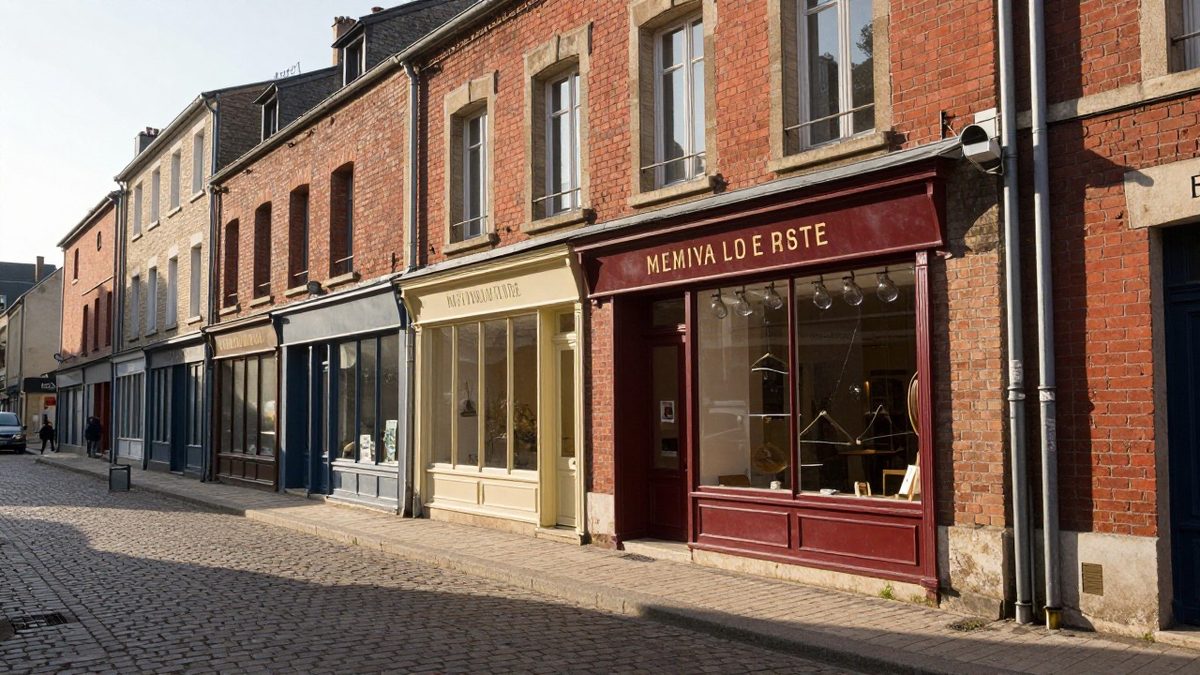 Illustration : une rue commerçante piétonne aux façades de brique