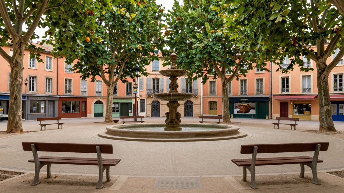 Illustration : une place arborée du sud de la France avec fontaine