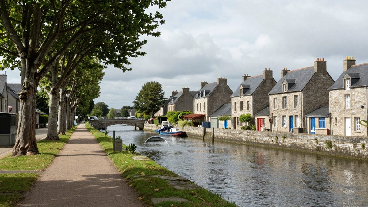 Illustration : un quai bordé d'arbres le long d'un canal breton