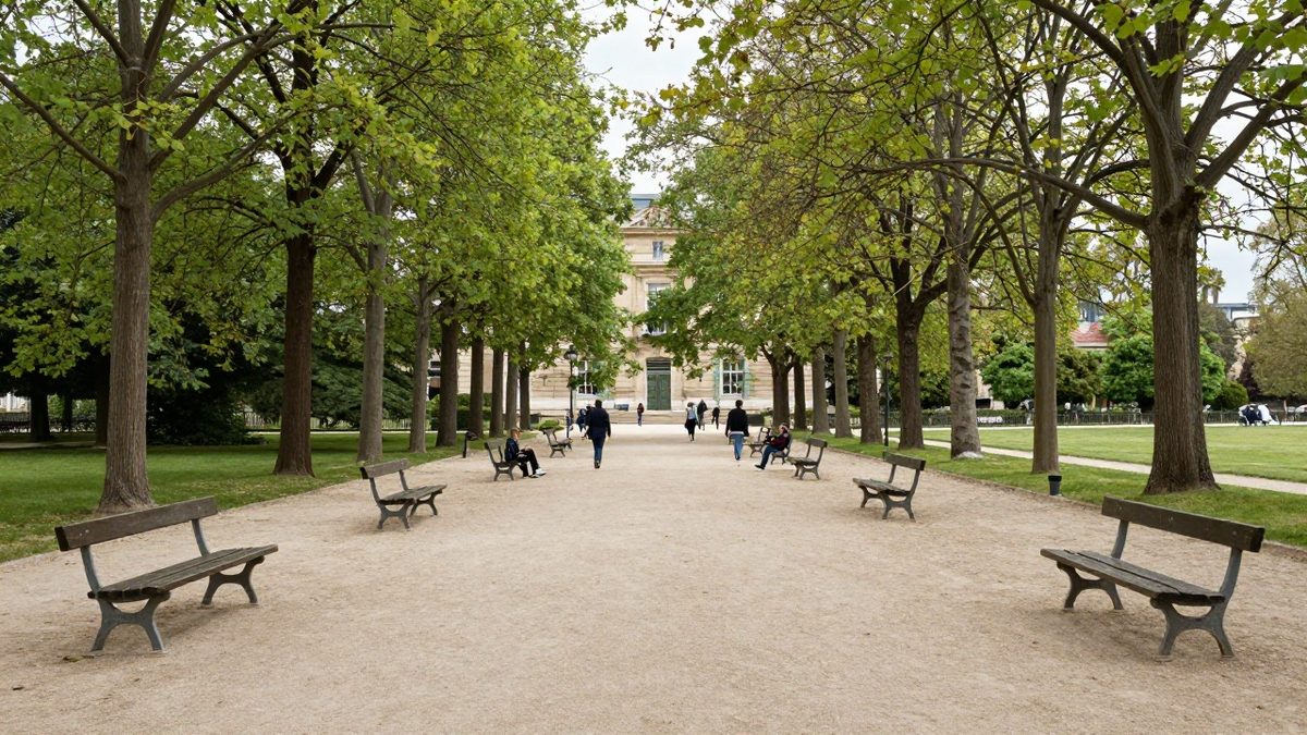 Illustration : un parc public avec bancs et grands arbres