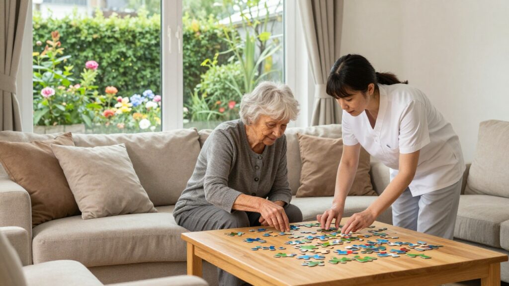 Aide-soignante et résidente âgée faisant un puzzle dans le salon lumineux d'une unité de vie protégée d'EHPAD